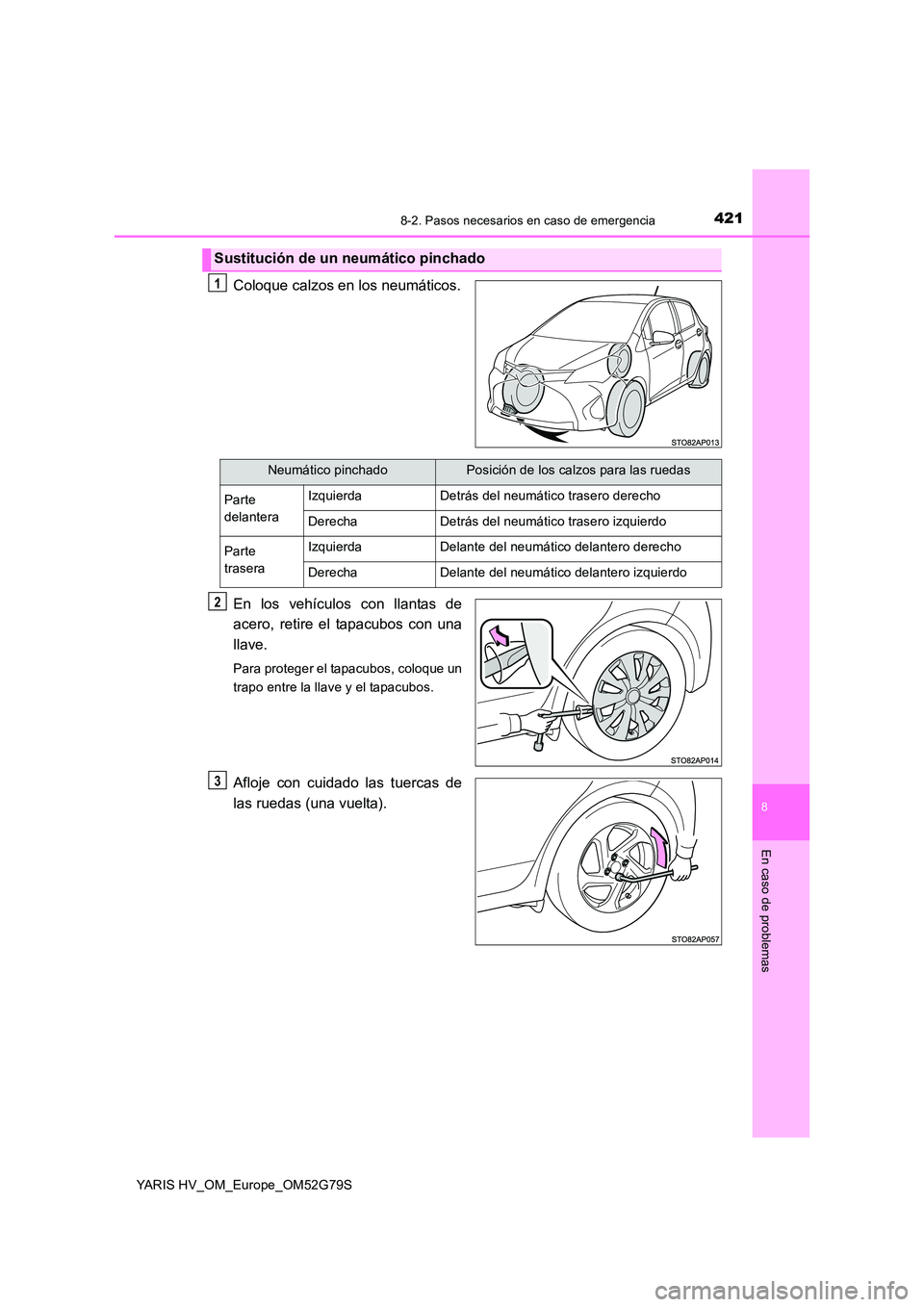 TOYOTA YARIS HATCHBACK 2016 Manual del propietario (in Spanish) 4218-2. Pasos necesarios en caso de emergencia
8
En caso de problemas
YARIS HV_OM_Europe_OM52G79S
Coloque calzos en los neumáticos.
En los vehículos con llantas de
acero, retire el tapacubos con u TOYOTA YARIS HATCHBACK 2016 Manual del propietario (in Spanish) 4218-2. Pasos necesarios en caso de emergencia
8
En caso de problemas
YARIS HV_OM_Europe_OM52G79S
Coloque calzos en los neumáticos.
En los vehículos con llantas de
acero, retire el tapacubos con u