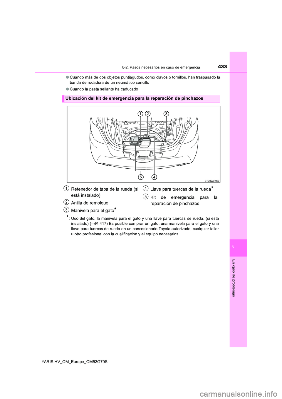 TOYOTA YARIS HATCHBACK 2016 Manual del propietario (in Spanish) 4338-2. Pasos necesarios en caso de emergencia
8
En caso de problemas
YARIS HV_OM_Europe_OM52G79S
● Cuando más de dos objetos puntiagudos, como clavos o tornillos, han traspasado la
banda de roda TOYOTA YARIS HATCHBACK 2016 Manual del propietario (in Spanish) 4338-2. Pasos necesarios en caso de emergencia
8
En caso de problemas
YARIS HV_OM_Europe_OM52G79S
● Cuando más de dos objetos puntiagudos, como clavos o tornillos, han traspasado la
banda de roda