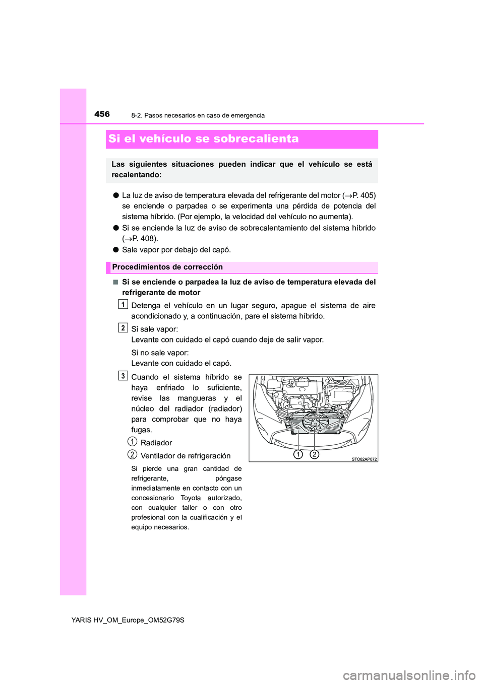 TOYOTA YARIS HATCHBACK 2016  Manual del propietario (in Spanish) 4568-2. Pasos necesarios en caso de emergencia
YARIS HV_OM_Europe_OM52G79S
Si el vehículo se sobrecalienta
●La luz de aviso de temperatura elevada del refrigerante del motor (P. 405) 
se enciend
