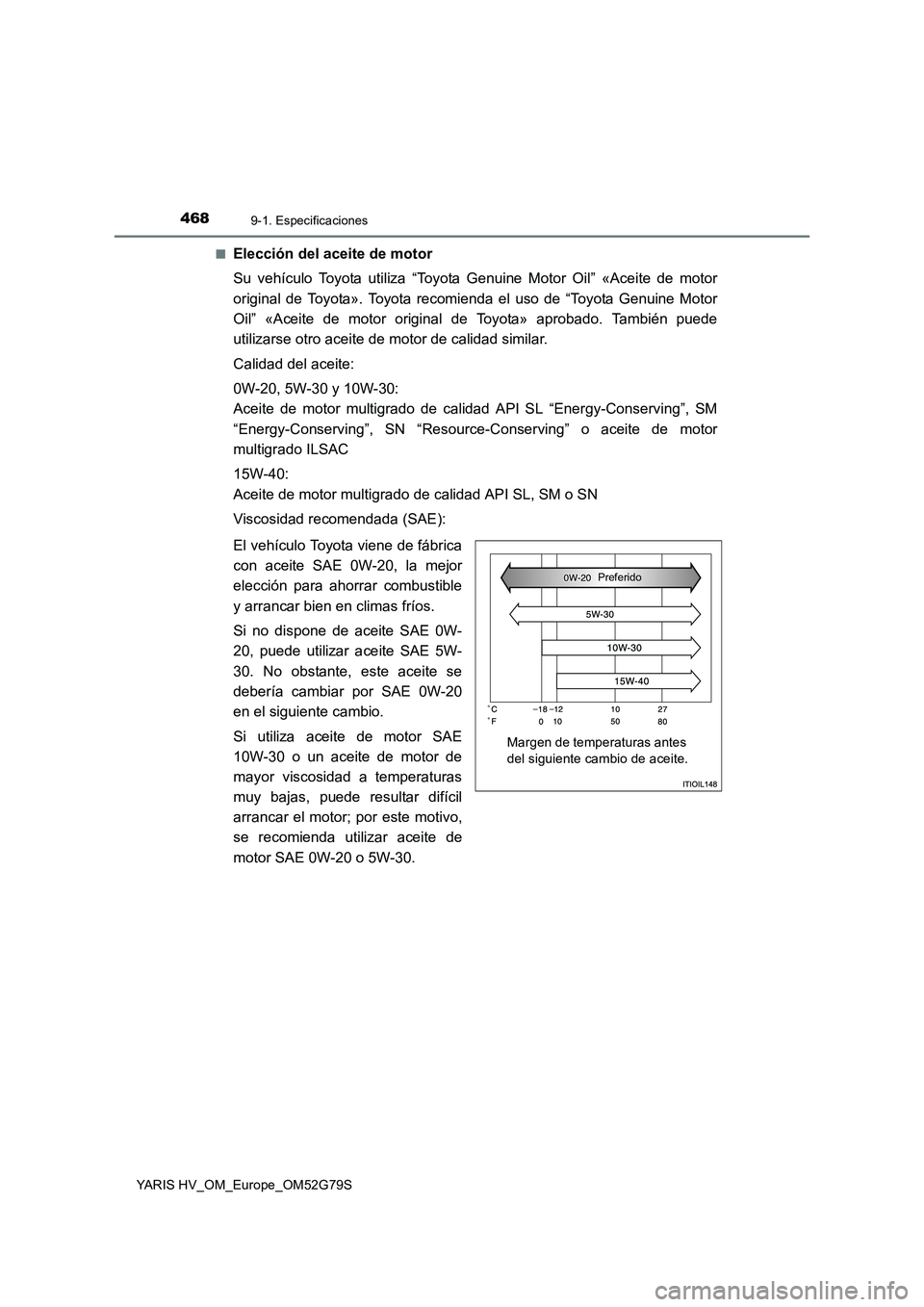 TOYOTA YARIS HATCHBACK 2016 Manual del propietario (in Spanish) 4689-1. Especificaciones
YARIS HV_OM_Europe_OM52G79S
■Elección del aceite de motor
Su vehículo Toyota utiliza “Toyota Genuine Motor Oil” «Aceite de motor
original de Toyota». Toyota recom TOYOTA YARIS HATCHBACK 2016 Manual del propietario (in Spanish) 4689-1. Especificaciones
YARIS HV_OM_Europe_OM52G79S
■Elección del aceite de motor
Su vehículo Toyota utiliza “Toyota Genuine Motor Oil” «Aceite de motor
original de Toyota». Toyota recom