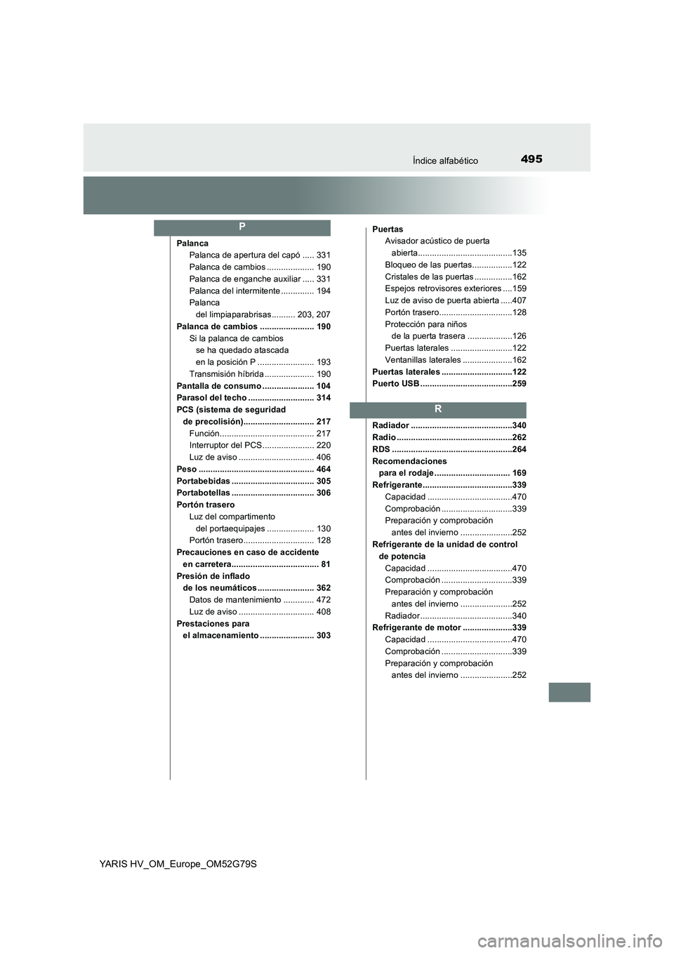 TOYOTA YARIS HATCHBACK 2016  Manual del propietario (in Spanish) 495Índice alfabético
YARIS HV_OM_Europe_OM52G79S
Palanca 
Palanca de apertura del capó ..... 331 
Palanca de cambios .................... 190 
Palanca de enganche auxiliar ..... 331 
Palanca del in