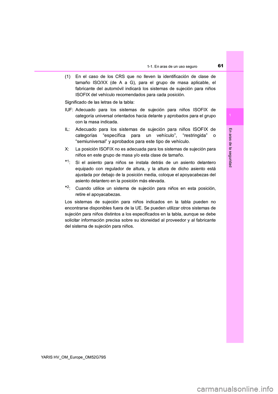 TOYOTA YARIS HATCHBACK 2016  Manual del propietario (in Spanish) 611-1. En aras de un uso seguro
1
En aras de la seguridad
YARIS HV_OM_Europe_OM52G79S
(1) En el caso de los CRS que no lleven la identificación de clase de 
tamaño ISO/XX (de A a G), para el grupo d