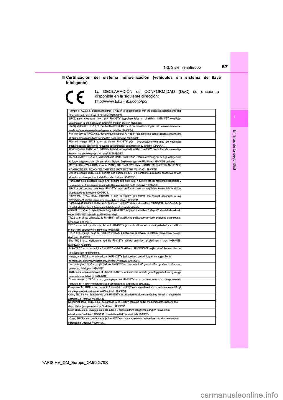 TOYOTA YARIS HATCHBACK 2016  Manual del propietario (in Spanish) 871-3. Sistema antirrobo
1
En aras de la seguridad
YARIS HV_OM_Europe_OM52G79S 
■ Certificación del sistema inmovilización (vehículos sin sistema de llave 
inteligente)
La DECLARACIÓN de CONFORM