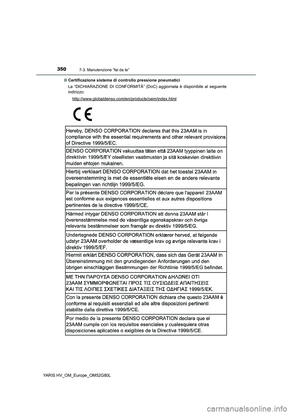 TOYOTA YARIS HATCHBACK 2016 Manuale duso (in Italian) 3507-3. Manutenzione “fai da te”
YARIS HV_OM_Europe_OM52G80L
■ Certificazione sistema di controllo pressione pneumatici
La “DICHIARAZIONE DI CONFORMITÀ” (DoC) aggiornata è disponibile al TOYOTA YARIS HATCHBACK 2016 Manuale duso (in Italian) 3507-3. Manutenzione “fai da te”
YARIS HV_OM_Europe_OM52G80L
■ Certificazione sistema di controllo pressione pneumatici
La “DICHIARAZIONE DI CONFORMITÀ” (DoC) aggiornata è disponibile al