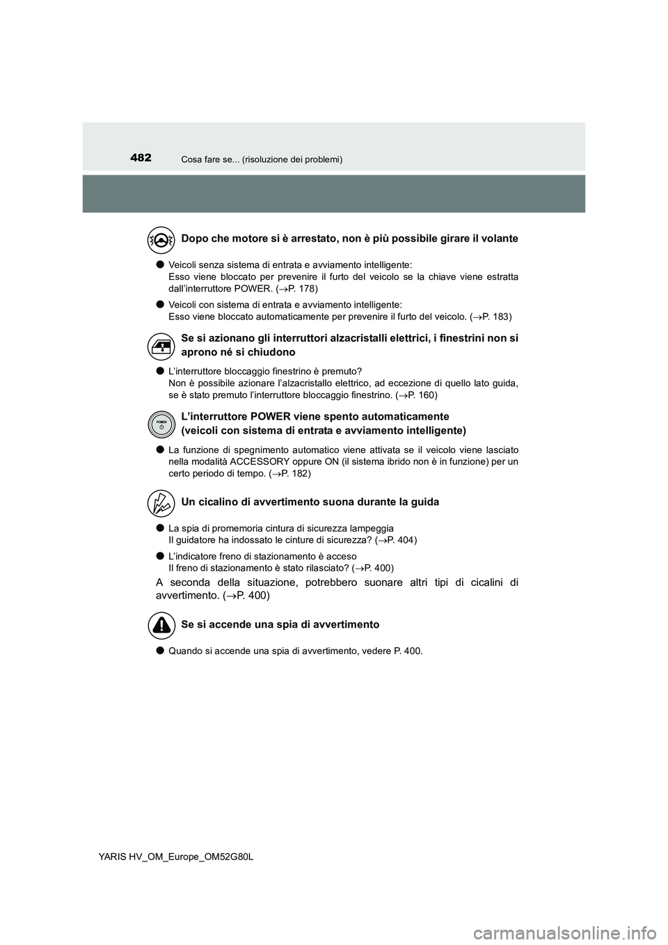 TOYOTA YARIS HATCHBACK 2016 Manuale duso (in Italian) 482Cosa fare se... (risoluzione dei problemi)
YARIS HV_OM_Europe_OM52G80L
●Veicoli senza sistema di entrata e avviamento intelligente:
Esso viene bloccato per prevenire il furto del veicolo se la TOYOTA YARIS HATCHBACK 2016 Manuale duso (in Italian) 482Cosa fare se... (risoluzione dei problemi)
YARIS HV_OM_Europe_OM52G80L
●Veicoli senza sistema di entrata e avviamento intelligente:
Esso viene bloccato per prevenire il furto del veicolo se la