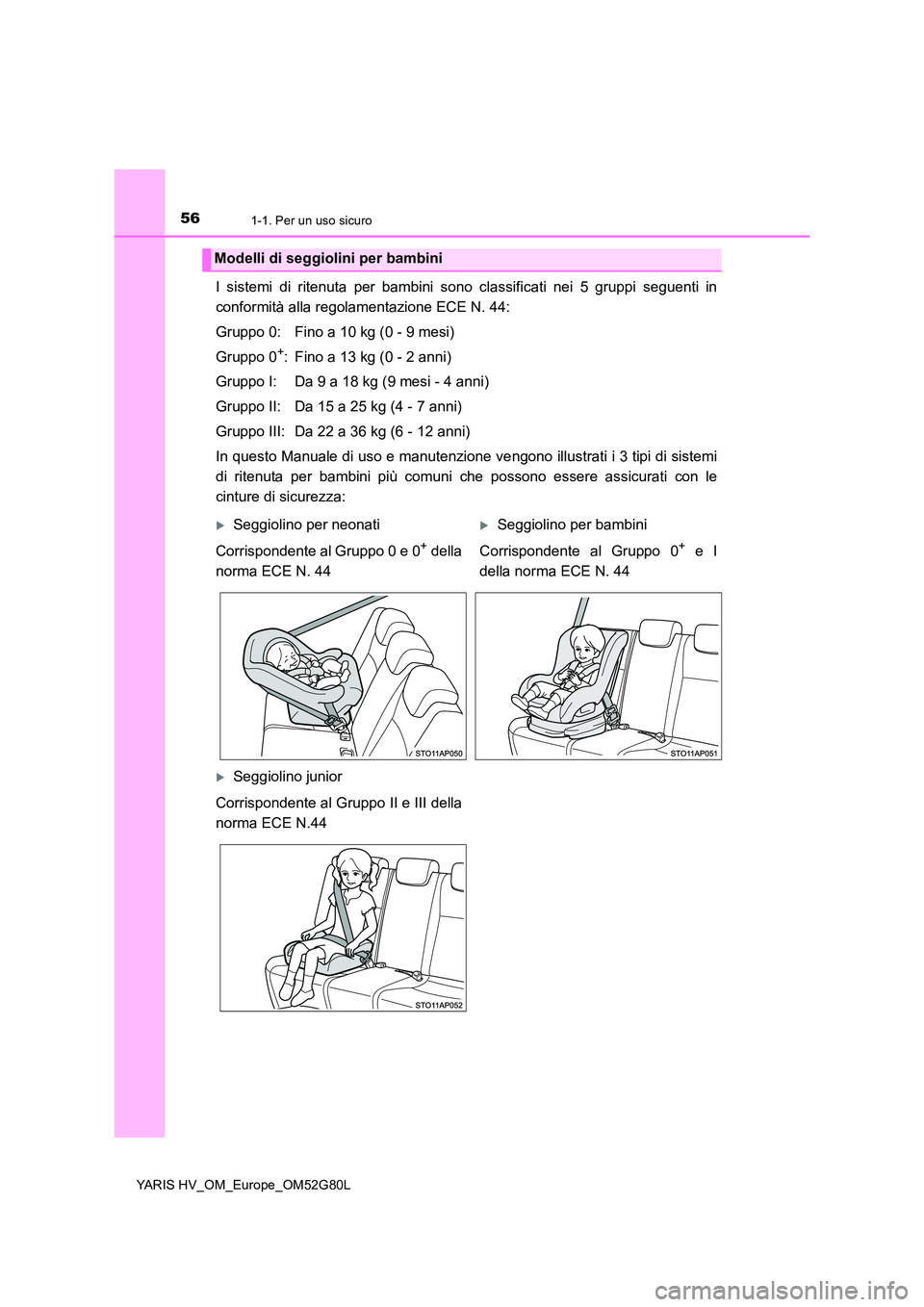TOYOTA YARIS HATCHBACK 2016 Manuale duso (in Italian) 561-1. Per un uso sicuro
YARIS HV_OM_Europe_OM52G80L
I sistemi di ritenuta per bambini sono classificati nei 5 gruppi seguenti in
conformità alla regolamentazione ECE N. 44:
Gruppo 0: Fino a 10 kg TOYOTA YARIS HATCHBACK 2016 Manuale duso (in Italian) 561-1. Per un uso sicuro
YARIS HV_OM_Europe_OM52G80L
I sistemi di ritenuta per bambini sono classificati nei 5 gruppi seguenti in
conformità alla regolamentazione ECE N. 44:
Gruppo 0: Fino a 10 kg
