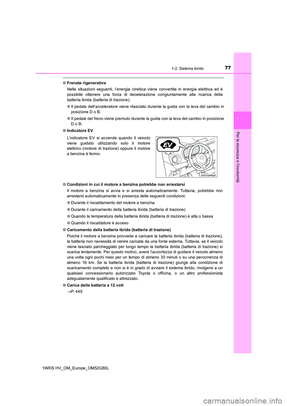 TOYOTA YARIS HATCHBACK 2016 Manuale duso (in Italian) 771-2. Sistema ibrido
1
Per la sicurezza e l’incolumità
YARIS HV_OM_Europe_OM52G80L
■Frenata rigenerativa
Nelle situazioni seguenti, l’energia cinetica viene convertita in energia elettrica ed TOYOTA YARIS HATCHBACK 2016 Manuale duso (in Italian) 771-2. Sistema ibrido
1
Per la sicurezza e l’incolumità
YARIS HV_OM_Europe_OM52G80L
■Frenata rigenerativa
Nelle situazioni seguenti, l’energia cinetica viene convertita in energia elettrica ed