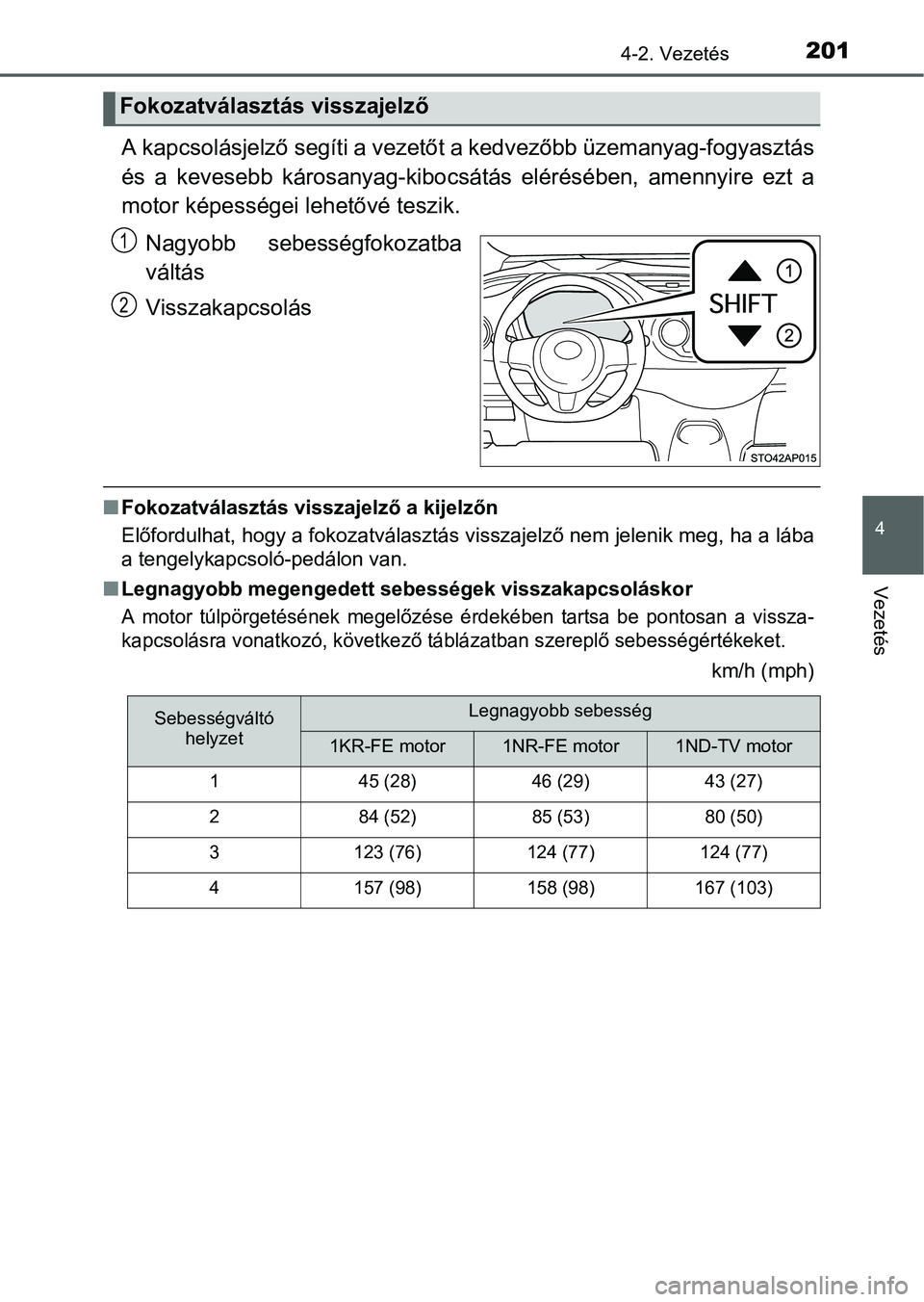 TOYOTA YARIS HATCHBACK 2016 Kezelési útmutató (in Hungarian) 2014-2. Vezetés
4
Vezetés
A kapcsolásjelző segíti a vezetőt a kedvezőbb üzemanyag-fogyasztás
és a kevesebb károsanyag-kibocsátás elérésében, amennyire ezt a
motor képességei lehetőv TOYOTA YARIS HATCHBACK 2016 Kezelési útmutató (in Hungarian) 2014-2. Vezetés
4
Vezetés
A kapcsolásjelző segíti a vezetőt a kedvezőbb üzemanyag-fogyasztás
és a kevesebb károsanyag-kibocsátás elérésében, amennyire ezt a
motor képességei lehetőv