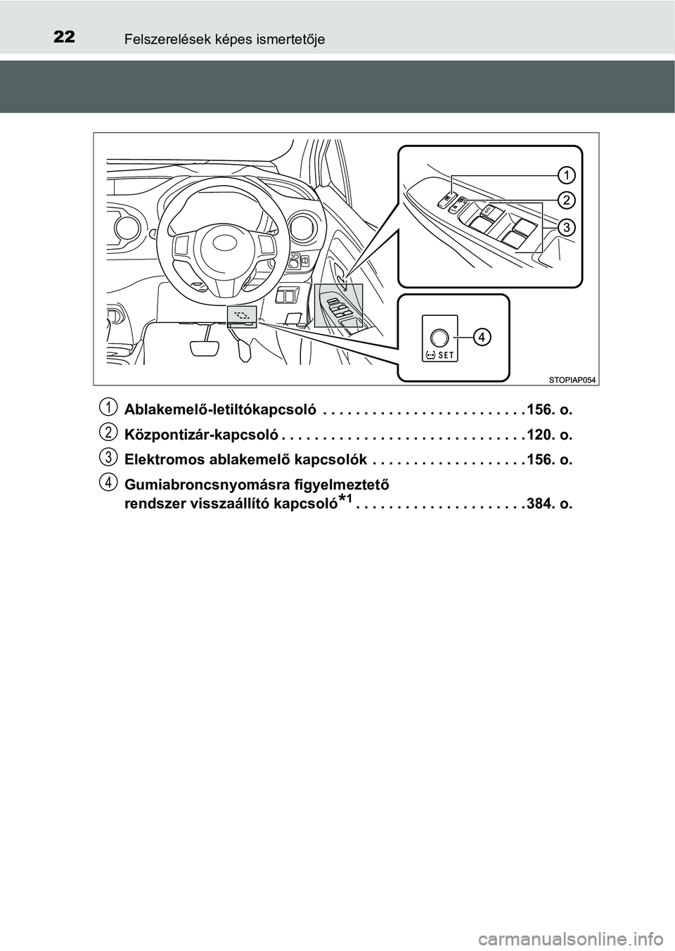 TOYOTA YARIS HATCHBACK 2016 Kezelési útmutató (in Hungarian) 22Felszerelések képes ismertetője
Ablakemelő-letiltókapcsoló . . . . . . . . . . . . . . . . . . . . . . . . . 156. o.
Központizár-kapcsoló . . . . . . . . . . . . . . . . . . . . . . . . . TOYOTA YARIS HATCHBACK 2016 Kezelési útmutató (in Hungarian) 22Felszerelések képes ismertetője
Ablakemelő-letiltókapcsoló . . . . . . . . . . . . . . . . . . . . . . . . . 156. o.
Központizár-kapcsoló . . . . . . . . . . . . . . . . . . . . . . . . .