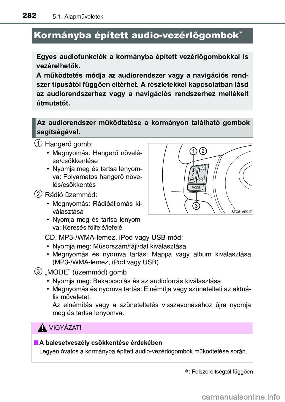 TOYOTA YARIS HATCHBACK 2016 Kezelési útmutató (in Hungarian) 2825-1. Alapműveletek
Kor mányba épített audio-vezérlőgombok
Hangerő gomb:
• Megnyomás: Hangerő növelé-
se/csökkentése
• Nyomja meg és tartsa lenyom-
va: Folyamatos hangerő növe TOYOTA YARIS HATCHBACK 2016 Kezelési útmutató (in Hungarian) 2825-1. Alapműveletek
Kor mányba épített audio-vezérlőgombok
Hangerő gomb:
• Megnyomás: Hangerő növelé-
se/csökkentése
• Nyomja meg és tartsa lenyom-
va: Folyamatos hangerő növe