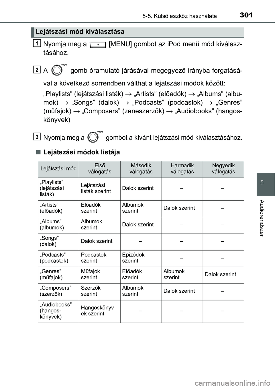 TOYOTA YARIS HATCHBACK 2016  Kezelési útmutató (in Hungarian) 3015-5. Külső eszköz használata
5
Audiorendszer
Nyomja meg a   [MENU] gombot az iPod menü mód kiválasz-
tásához.
A   gomb óramutató járásával megegyező irányba forgatásá-
val a köve