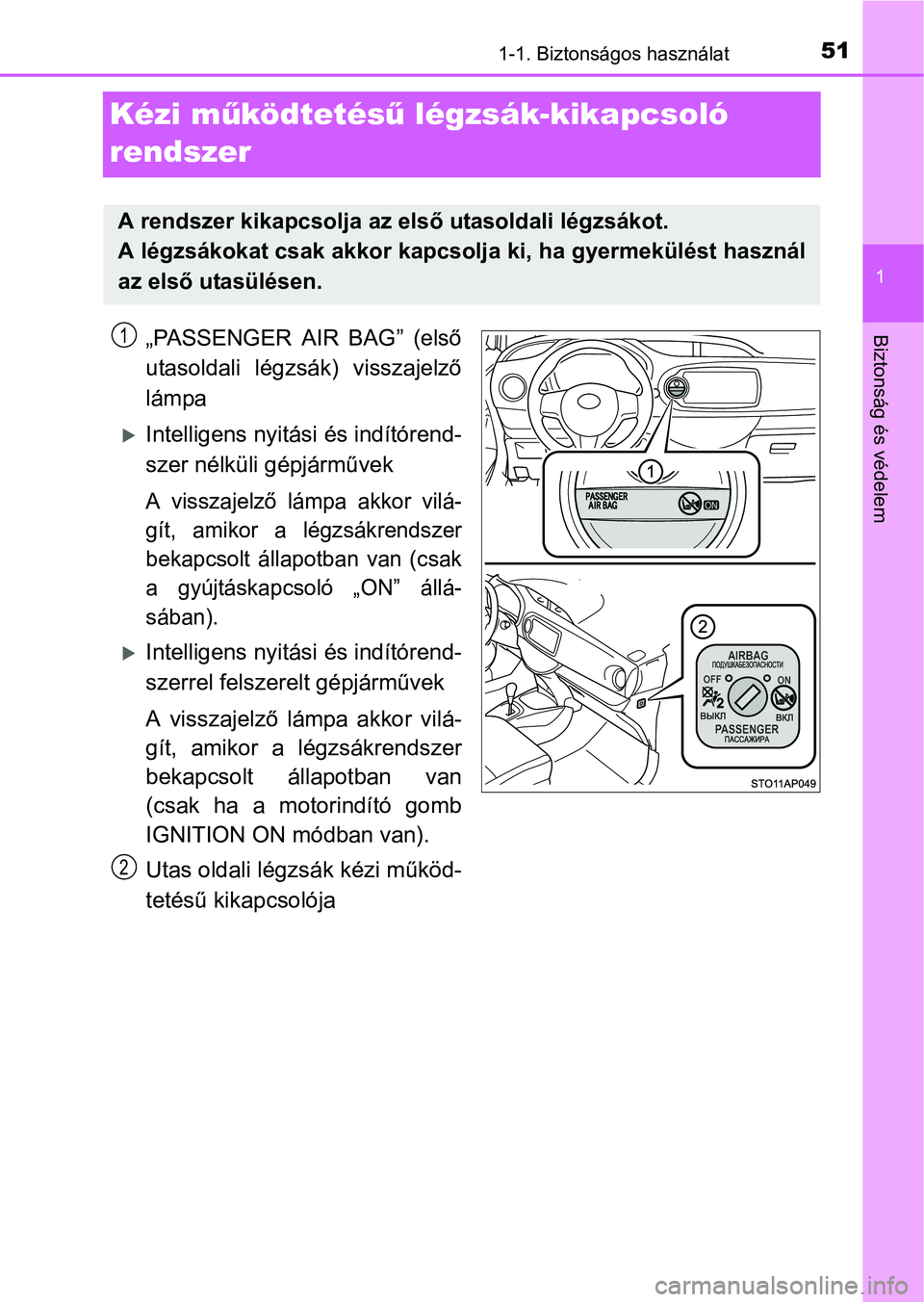 TOYOTA YARIS HATCHBACK 2016 Kezelési útmutató (in Hungarian) 511-1. Biztonságos használat
1
Biztonság és védelem
Kézi működtetésű légzsák-kikapcsoló
rendszer
„PASSENGER AIR BAG” (első
utasoldali légzsák) visszajelző
lámpa
Intelligens n TOYOTA YARIS HATCHBACK 2016 Kezelési útmutató (in Hungarian) 511-1. Biztonságos használat
1
Biztonság és védelem
Kézi működtetésű légzsák-kikapcsoló
rendszer
„PASSENGER AIR BAG” (első
utasoldali légzsák) visszajelző
lámpa
Intelligens n