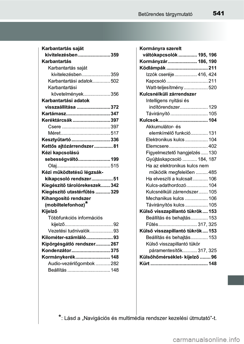 TOYOTA YARIS HATCHBACK 2016 Kezelési útmutató (in Hungarian) 541Betűrendes tárgymutató
Karbantartás saját
kivitelezésben ........................ 359
Karbantartás
Karbantartás saját
kivitelezésben ..................... 359
Karbantartási adatok .... TOYOTA YARIS HATCHBACK 2016 Kezelési útmutató (in Hungarian) 541Betűrendes tárgymutató
Karbantartás saját
kivitelezésben ........................ 359
Karbantartás
Karbantartás saját
kivitelezésben ..................... 359
Karbantartási adatok ....