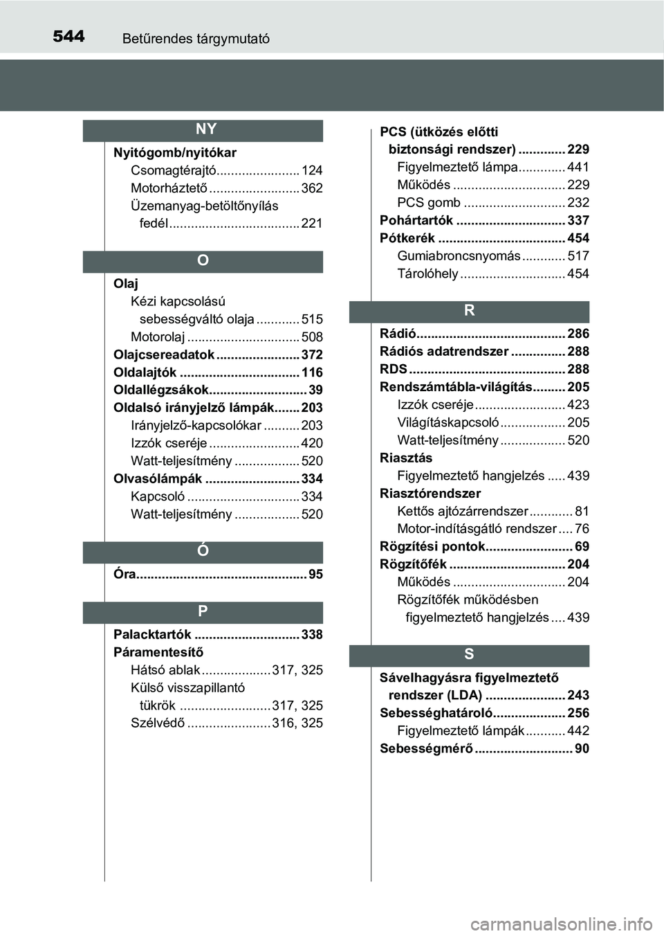 TOYOTA YARIS HATCHBACK 2016 Kezelési útmutató (in Hungarian) 544Betűrendes tárgymutató
Nyitógomb/nyitókar
Csomagtérajtó....................... 124
Motorháztető......................... 362
Üzemanyag-betöltőnyílás
fedél .......................... TOYOTA YARIS HATCHBACK 2016 Kezelési útmutató (in Hungarian) 544Betűrendes tárgymutató
Nyitógomb/nyitókar
Csomagtérajtó....................... 124
Motorháztető......................... 362
Üzemanyag-betöltőnyílás
fedél ..........................