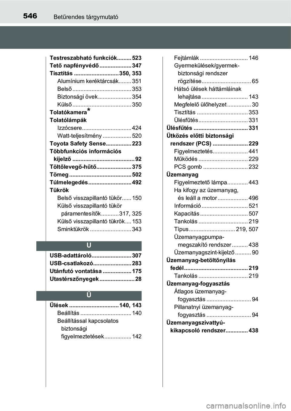 TOYOTA YARIS HATCHBACK 2016 Kezelési útmutató (in Hungarian) 546Betűrendes tárgymutató
Testreszabható funkciók......... 523
Tető napfényvédő.................... 347
Tisztítás ............................ 350, 353
Alumínium keréktárcsák........ 35 TOYOTA YARIS HATCHBACK 2016 Kezelési útmutató (in Hungarian) 546Betűrendes tárgymutató
Testreszabható funkciók......... 523
Tető napfényvédő.................... 347
Tisztítás ............................ 350, 353
Alumínium keréktárcsák........ 35
