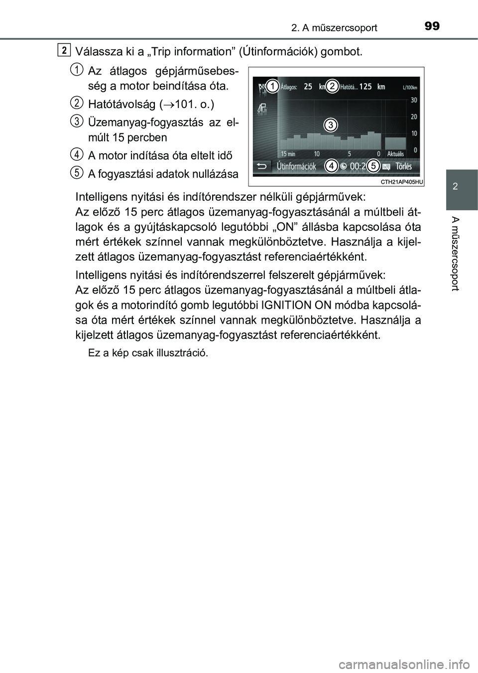 TOYOTA YARIS HATCHBACK 2016 Kezelési útmutató (in Hungarian) 992. A műszercsoport
2
A műszercsoport
Válassza ki a „Trip information” (Útinformációk) gombot.
Az átlagos gépjárműsebes-
ség a motor beindítása óta.
Hatótávolság (101. o.)
Üz TOYOTA YARIS HATCHBACK 2016 Kezelési útmutató (in Hungarian) 992. A műszercsoport
2
A műszercsoport
Válassza ki a „Trip information” (Útinformációk) gombot.
Az átlagos gépjárműsebes-
ség a motor beindítása óta.
Hatótávolság (101. o.)
Üz