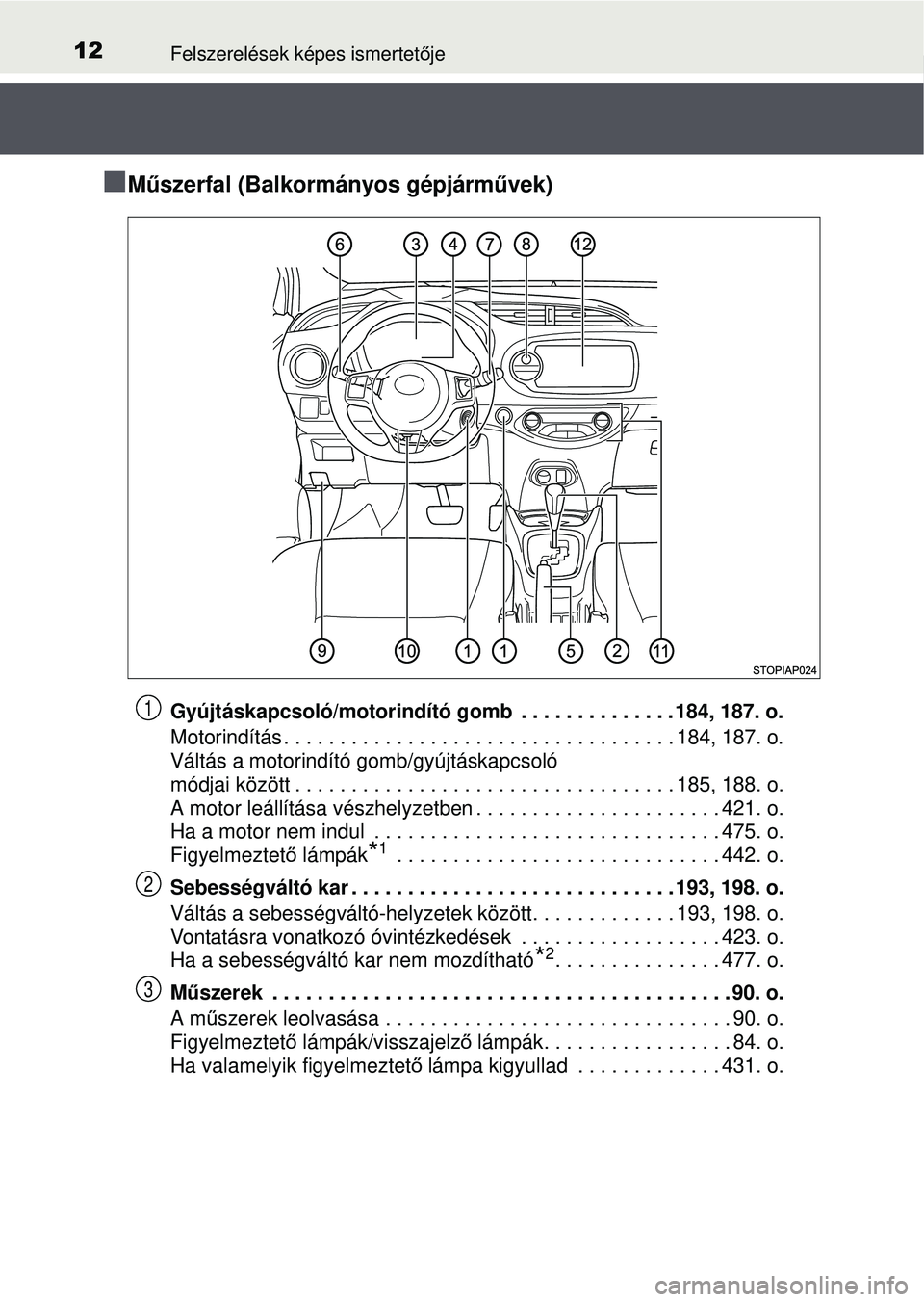 TOYOTA YARIS HATCHBACK 2015 Kezelési útmutató (in Hungarian) 12Felszerelések képes ismertetője
M űszerfal (Balkormányos gépjárm űvek)
Gyújtáskapcsoló/motorindító gomb . . . . . . . . . . . . . . 184, 187. o.
Motorindítás . . . . . . . . . . . TOYOTA YARIS HATCHBACK 2015 Kezelési útmutató (in Hungarian) 12Felszerelések képes ismertetője
M űszerfal (Balkormányos gépjárm űvek)
Gyújtáskapcsoló/motorindító gomb . . . . . . . . . . . . . . 184, 187. o.
Motorindítás . . . . . . . . . . .