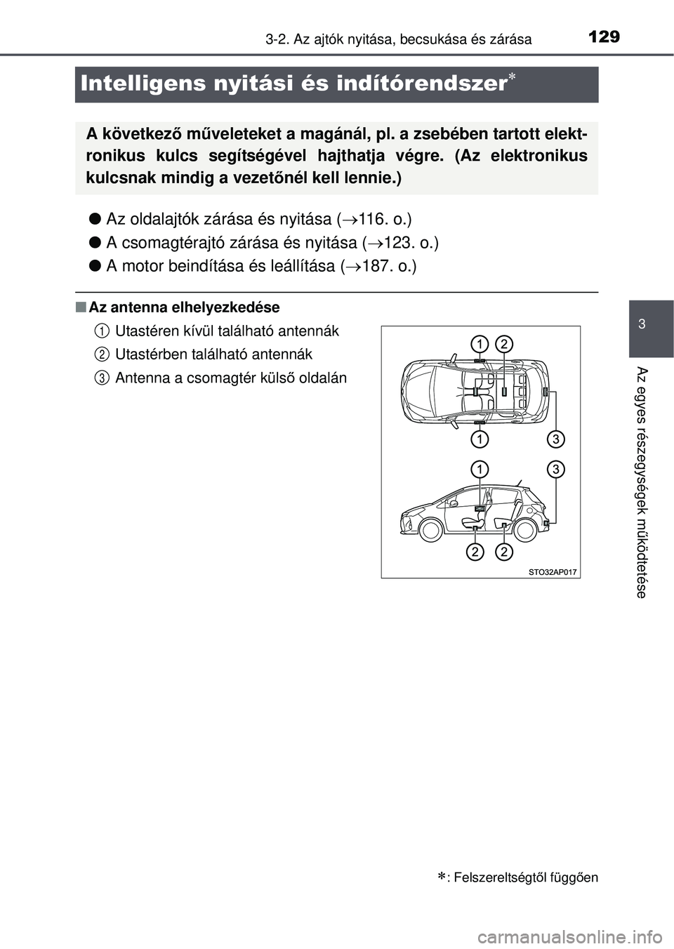 TOYOTA YARIS HATCHBACK 2015  Kezelési útmutató (in Hungarian) 129
3
3-2. Az ajtók nyitása, becsukása és zárása
Az egyes részegységek m űködtetése
Intelligens nyitási és indítórendszer
 Az oldalajtók zárása és nyitása ( 116. o.)
 A