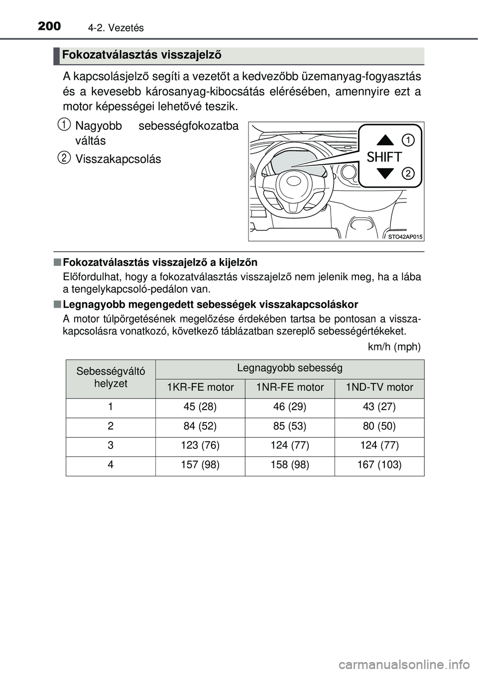 TOYOTA YARIS HATCHBACK 2015  Kezelési útmutató (in Hungarian) 2004-2. Vezetés
A kapcsolásjelző segíti a vezet őt a kedvez őbb üzemanyag-fogyasztás
és a kevesebb károsanyag-kibocsátás elérésében, amennyire ezt a
motor képességei lehet ővé teszi