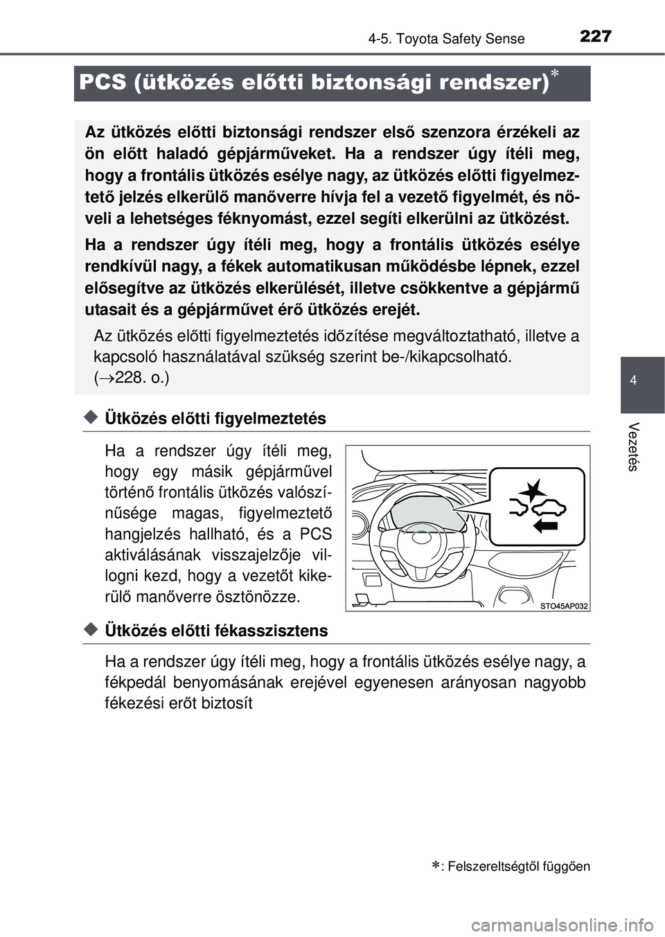 TOYOTA YARIS HATCHBACK 2015 Kezelési útmutató (in Hungarian) 227
4
4-5. Toyota Safety Sense
Vezetés
PCS (ütközés előtti biztonsági rendszer)
Ütközés el őtti figyelmeztetés
Ha a rendszer úgy ítéli meg,
hogy egy másik gépjárm űvel
történ TOYOTA YARIS HATCHBACK 2015 Kezelési útmutató (in Hungarian) 227
4
4-5. Toyota Safety Sense
Vezetés
PCS (ütközés előtti biztonsági rendszer)
Ütközés el őtti figyelmeztetés
Ha a rendszer úgy ítéli meg,
hogy egy másik gépjárm űvel
történ