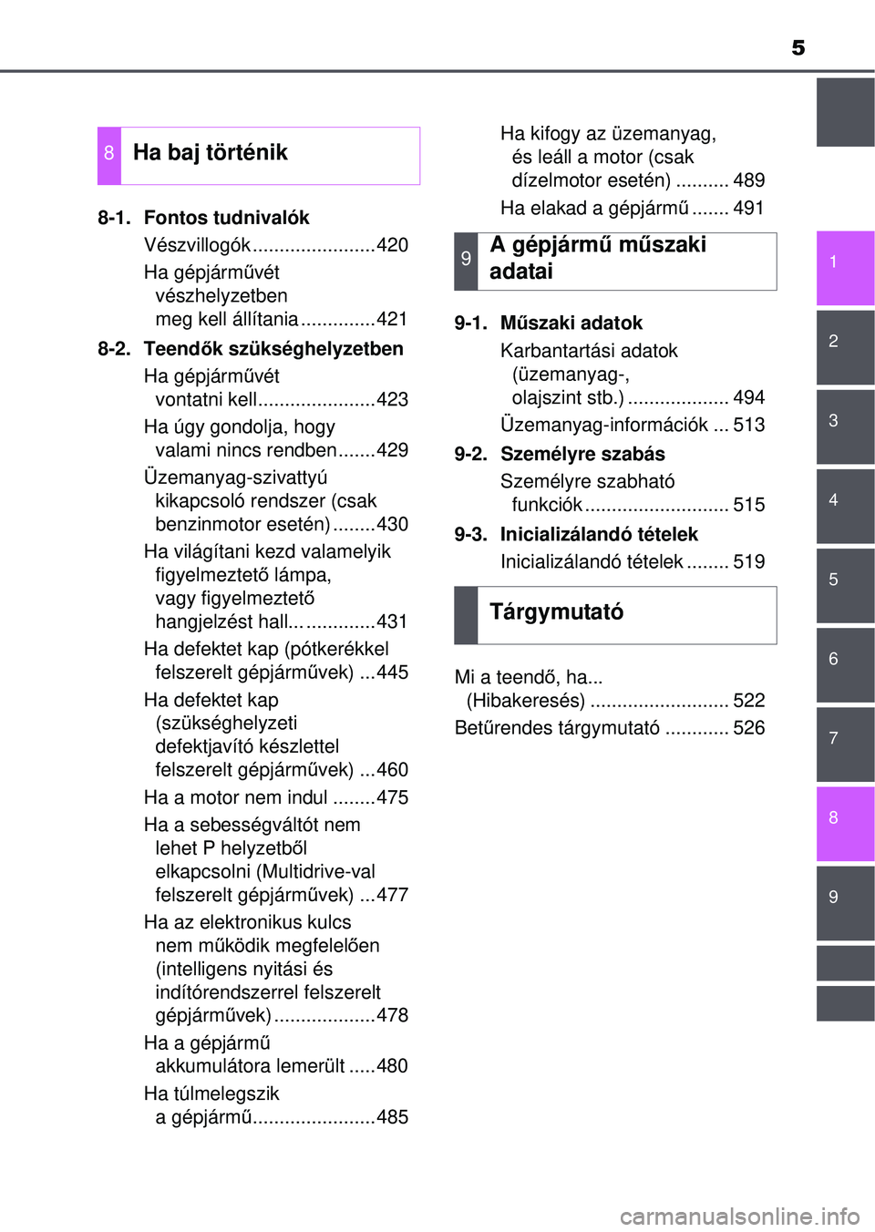 TOYOTA YARIS HATCHBACK 2015 Kezelési útmutató (in Hungarian) 5
1
7
8 6 5
4
3
2
9
8-1. Fontos tudnivalókVészvillogók .......................420
Ha gépjármű vét
vészhelyzetben
meg kell állítania ..............421
8-2. Teend ők szükséghelyzetben
Ha TOYOTA YARIS HATCHBACK 2015 Kezelési útmutató (in Hungarian) 5
1
7
8 6 5
4
3
2
9
8-1. Fontos tudnivalókVészvillogók .......................420
Ha gépjármű vét
vészhelyzetben
meg kell állítania ..............421
8-2. Teend ők szükséghelyzetben
Ha