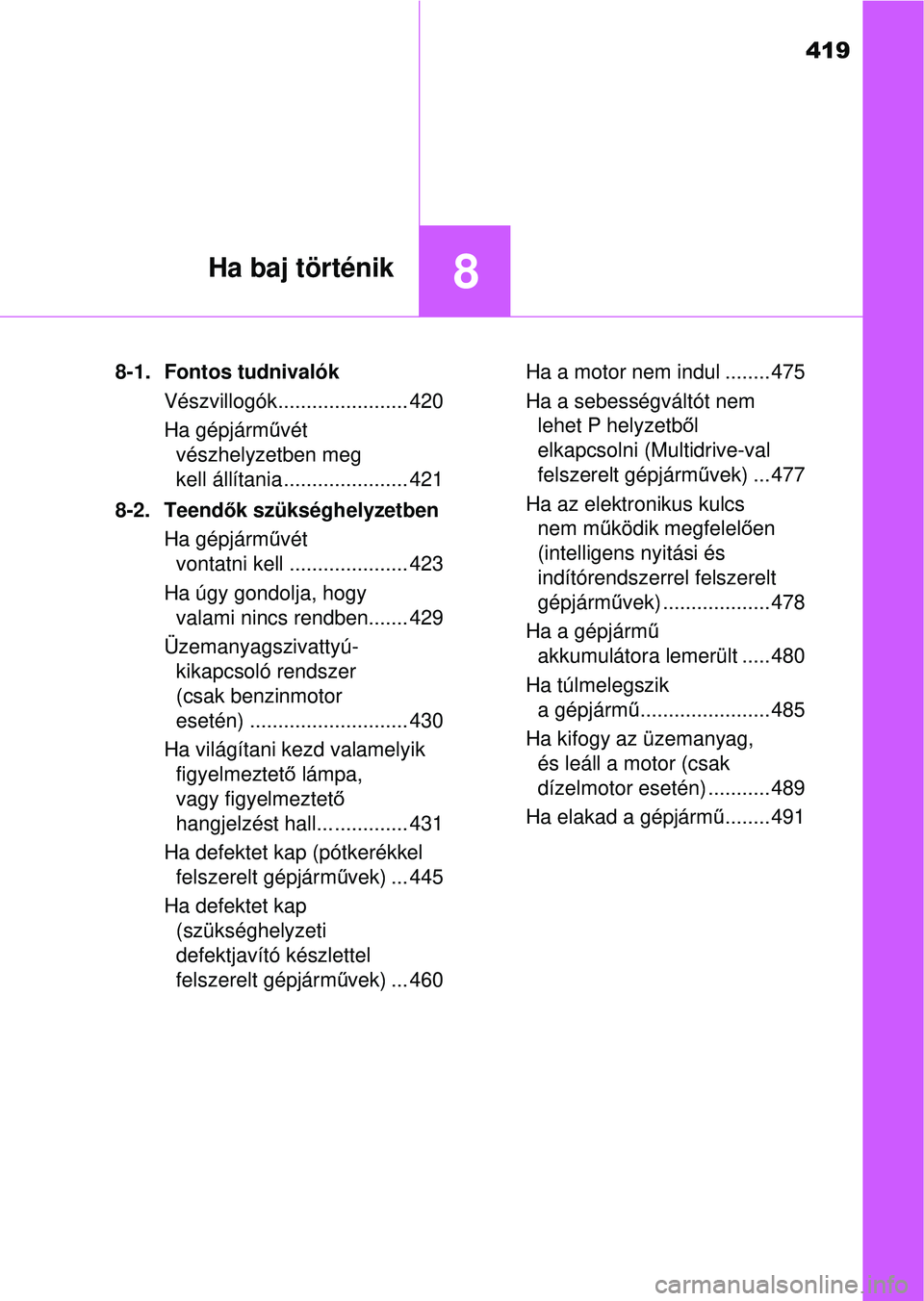 TOYOTA YARIS HATCHBACK 2015 Kezelési útmutató (in Hungarian) 419
8Ha baj történik
8-1. Fontos tudnivalókVészvillogók....................... 420
Ha gépjármű vét
vészhelyzetben meg
kell állítania ...................... 421
8-2. Teend ők szükséghe TOYOTA YARIS HATCHBACK 2015 Kezelési útmutató (in Hungarian) 419
8Ha baj történik
8-1. Fontos tudnivalókVészvillogók....................... 420
Ha gépjármű vét
vészhelyzetben meg
kell állítania ...................... 421
8-2. Teend ők szükséghe