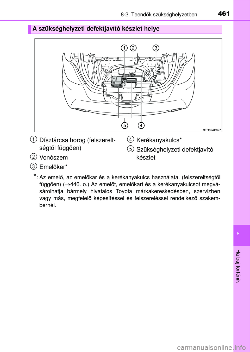 TOYOTA YARIS HATCHBACK 2015 Kezelési útmutató (in Hungarian) 4618-2. Teendők szükséghelyzetben
8
Ha baj történik
*:Az emel ő, az emel őkar és a kerékanyakulcs használata. (felszereltségt ől
függ ően) ( 446. o.) Az emel őt, emel őkart és a ke TOYOTA YARIS HATCHBACK 2015 Kezelési útmutató (in Hungarian) 4618-2. Teendők szükséghelyzetben
8
Ha baj történik
*:Az emel ő, az emel őkar és a kerékanyakulcs használata. (felszereltségt ől
függ ően) ( 446. o.) Az emel őt, emel őkart és a ke