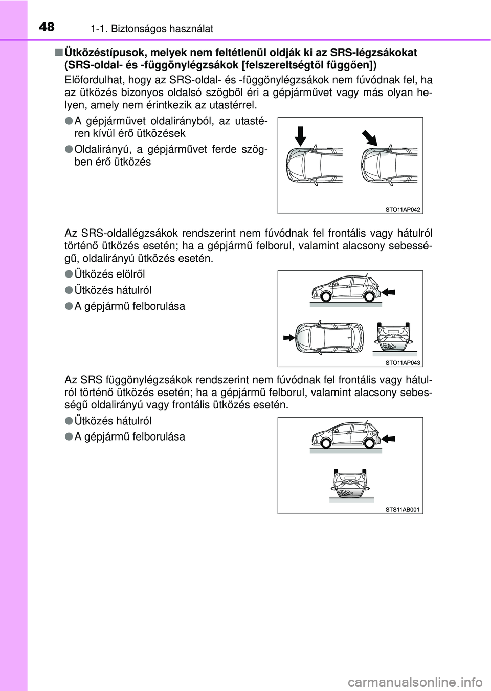 TOYOTA YARIS HATCHBACK 2015  Kezelési útmutató (in Hungarian) 481-1. Biztonságos használat
Ütközéstípusok, melyek nem feltétlenül oldják ki az\
 SRS-légzsákokat 
(SRS-oldal- és -függönylégzsákok [felszereltségt ől függően])
El őfordulhat,