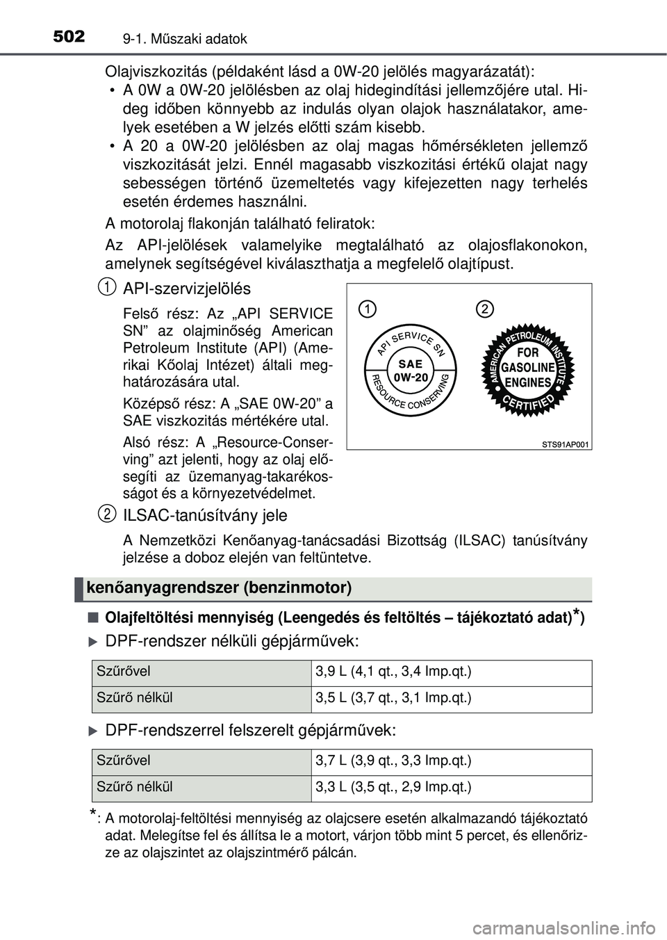 TOYOTA YARIS HATCHBACK 2015 Kezelési útmutató (in Hungarian) 5029-1. Műszaki adatok
Olajviszkozitás (példaként lásd a 0W-20 jelölés magyarázatát):
• A 0W a 0W-20 jelölésben az olaj hidegindítási jellemz őjére utal. Hi-
deg idő ben könnyebb TOYOTA YARIS HATCHBACK 2015 Kezelési útmutató (in Hungarian) 5029-1. Műszaki adatok
Olajviszkozitás (példaként lásd a 0W-20 jelölés magyarázatát):
• A 0W a 0W-20 jelölésben az olaj hidegindítási jellemz őjére utal. Hi-
deg idő ben könnyebb