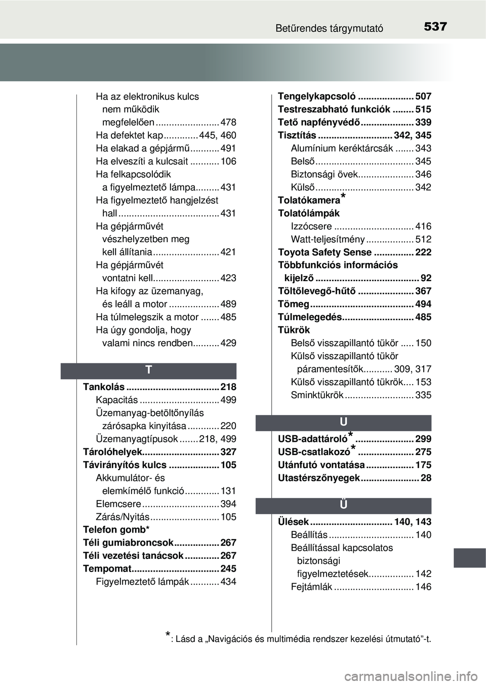TOYOTA YARIS HATCHBACK 2015 Kezelési útmutató (in Hungarian) 537Betűrendes tárgymutató
Ha az elektronikus kulcs
nem mű ködik
megfelel ően ........................ 478
Ha defektet kap ............. 445, 460
Ha elakad a gépjárm ű........... 491
Ha elve TOYOTA YARIS HATCHBACK 2015 Kezelési útmutató (in Hungarian) 537Betűrendes tárgymutató
Ha az elektronikus kulcs
nem mű ködik
megfelel ően ........................ 478
Ha defektet kap ............. 445, 460
Ha elakad a gépjárm ű........... 491
Ha elve