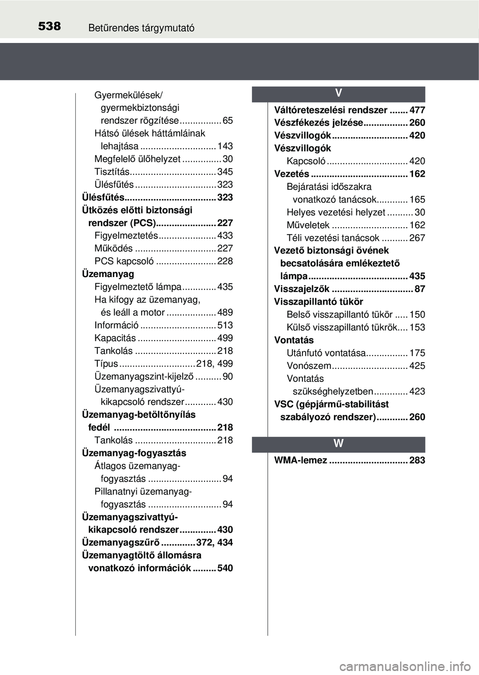 TOYOTA YARIS HATCHBACK 2015 Kezelési útmutató (in Hungarian) 538Betűrendes tárgymutató
Gyermekülések/
gyermekbiztonsági
rendszer rögzíté se ................ 65
Hátsó ülések háttámláinak lehajtása ............................. 143
Megfelel ő TOYOTA YARIS HATCHBACK 2015 Kezelési útmutató (in Hungarian) 538Betűrendes tárgymutató
Gyermekülések/
gyermekbiztonsági
rendszer rögzíté se ................ 65
Hátsó ülések háttámláinak lehajtása ............................. 143
Megfelel ő