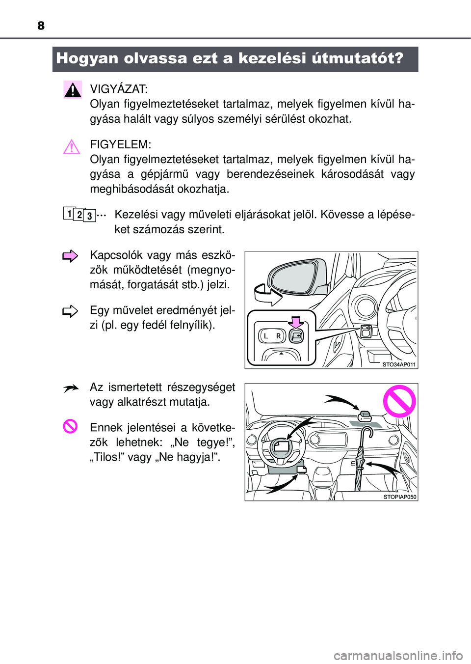TOYOTA YARIS HATCHBACK 2015 Kezelési útmutató (in Hungarian) 8
Hogyan olvassa ezt a kezelési útmutatót?
VIGYÁZAT:
Olyan figyelmeztetéseket tartalmaz, melyek figyelmen kívül ha-
gyása halált vagy súlyos személyi sérülést okozhat.\
FIGYELEM:
Olya TOYOTA YARIS HATCHBACK 2015 Kezelési útmutató (in Hungarian) 8
Hogyan olvassa ezt a kezelési útmutatót?
VIGYÁZAT:
Olyan figyelmeztetéseket tartalmaz, melyek figyelmen kívül ha-
gyása halált vagy súlyos személyi sérülést okozhat.\
FIGYELEM:
Olya
