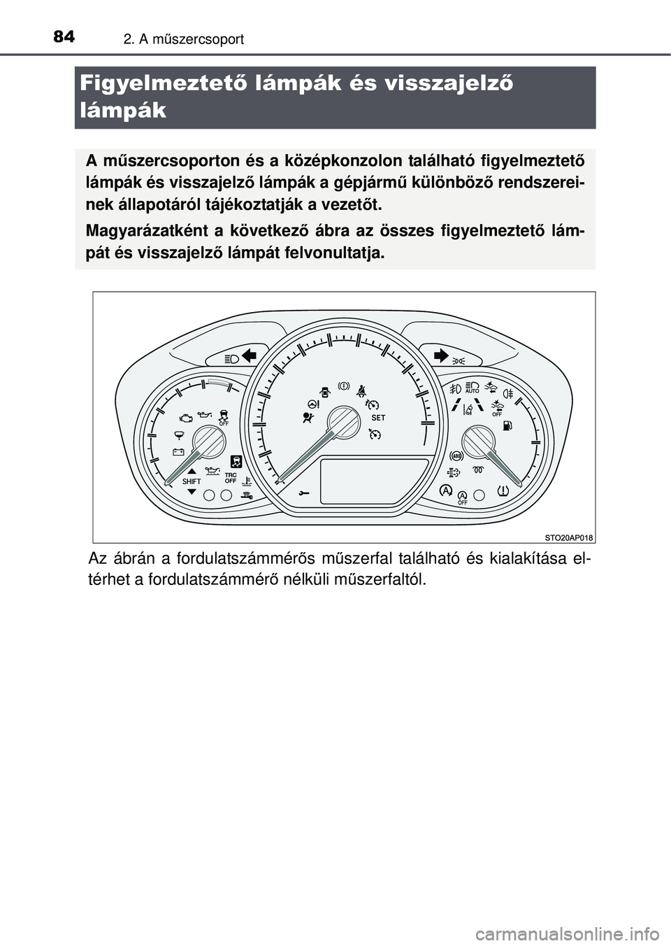 TOYOTA YARIS HATCHBACK 2015 Kezelési útmutató (in Hungarian) 842. A műszercsoport
Figyelmeztet ő lámpák és visszajelz ő
lámpák
Az ábrán a fordulatszámmér ős m űszerfal található és kialakítása el-
térhet a fordulatszámmér ő nélküli m TOYOTA YARIS HATCHBACK 2015 Kezelési útmutató (in Hungarian) 842. A műszercsoport
Figyelmeztet ő lámpák és visszajelz ő
lámpák
Az ábrán a fordulatszámmér ős m űszerfal található és kialakítása el-
térhet a fordulatszámmér ő nélküli m
