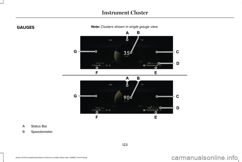 LINCOLN AVIATOR 2020 Owners Manual GAUGES
Note:
Clusters shown in single gauge view. Status Bar.
A
Speedometer.
B
123
Aviator (CTV) Canada/United States of America, enUSA, Edition date: 201902, Third-Printing- Instrument ClusterE297320 LINCOLN AVIATOR 2020 Owners Manual GAUGES
Note:
Clusters shown in single gauge view. Status Bar.
A
Speedometer.
B
123
Aviator (CTV) Canada/United States of America, enUSA, Edition date: 201902, Third-Printing- Instrument ClusterE297320
