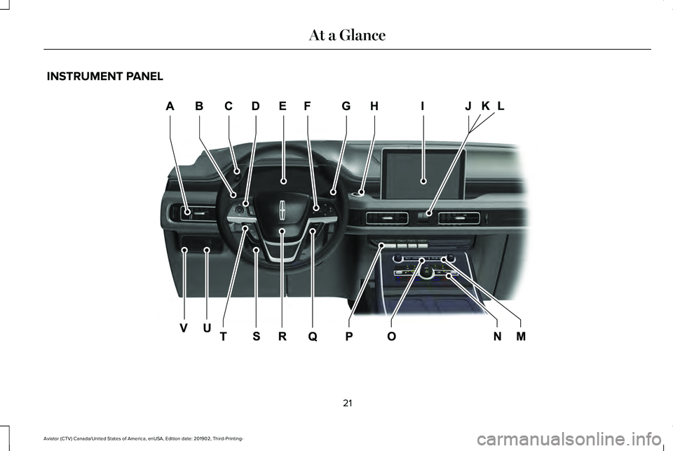 LINCOLN AVIATOR 2020 Owners Manual INSTRUMENT PANEL
21
Aviator (CTV) Canada/United States of America, enUSA, Edition date: 201902, Third-Printing- At a GlanceE282064 LINCOLN AVIATOR 2020 Owners Manual INSTRUMENT PANEL
21
Aviator (CTV) Canada/United States of America, enUSA, Edition date: 201902, Third-Printing- At a GlanceE282064