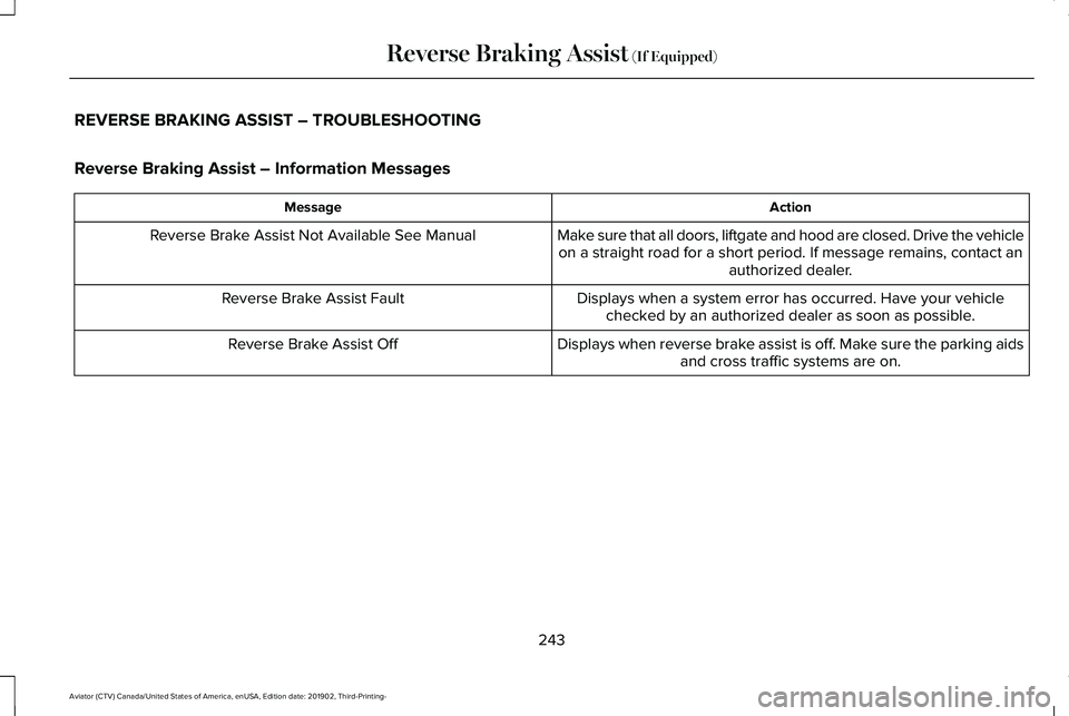 LINCOLN AVIATOR 2020 Owners Manual REVERSE BRAKING ASSIST – TROUBLESHOOTING
Reverse Braking Assist – Information Messages
Action
Message
Make sure that all doors, liftgate and hood are closed. Drive the vehicleon a straight road fo LINCOLN AVIATOR 2020 Owners Manual REVERSE BRAKING ASSIST – TROUBLESHOOTING
Reverse Braking Assist – Information Messages
Action
Message
Make sure that all doors, liftgate and hood are closed. Drive the vehicleon a straight road fo