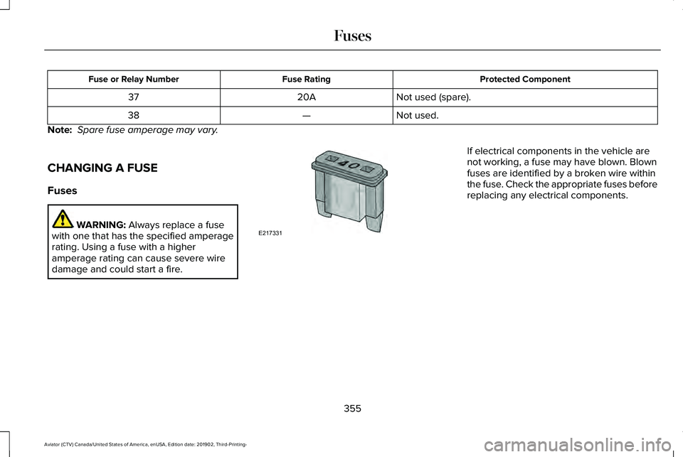 LINCOLN AVIATOR 2020  Owners Manual Protected Component
Fuse Rating
Fuse or Relay Number
Not used (spare).
20A
37
Not used.
—
38
Note:  Spare fuse amperage may vary.
CHANGING A FUSE
Fuses WARNING: Always replace a fuse
with one that h
