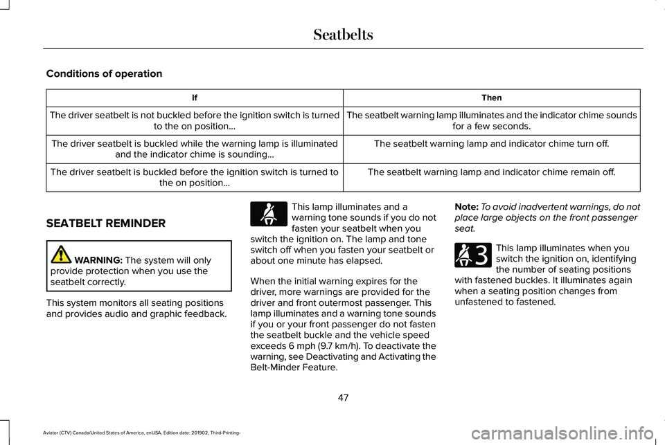 LINCOLN AVIATOR 2020 Service Manual Conditions of operation
Then
If
The seatbelt warning lamp illuminates and the indicator chime soundsfor a few seconds.
The driver seatbelt is not buckled before the ignition switch is turned
to the on LINCOLN AVIATOR 2020 Service Manual Conditions of operation
Then
If
The seatbelt warning lamp illuminates and the indicator chime soundsfor a few seconds.
The driver seatbelt is not buckled before the ignition switch is turned
to the on