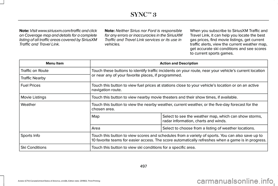 LINCOLN AVIATOR 2020 Owners Manual Note:
Visit www.siriusxm.com/traffic and click
on Coverage map and details for a complete
listing of all traffic areas covered by SiriusXM
Traffic and Travel Link. Note:
Neither Sirius nor Ford is res LINCOLN AVIATOR 2020 Owners Manual Note:
Visit www.siriusxm.com/traffic and click
on Coverage map and details for a complete
listing of all traffic areas covered by SiriusXM
Traffic and Travel Link. Note:
Neither Sirius nor Ford is res