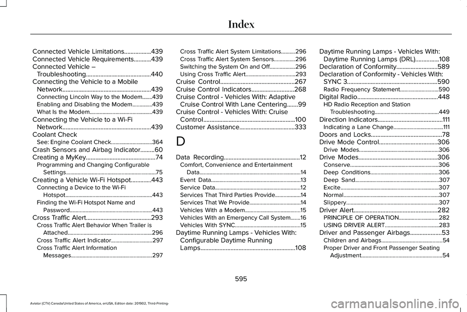 LINCOLN AVIATOR 2020  Owners Manual Connected Vehicle Limitations.................439
Connected Vehicle Requirements...........439
Connected Vehicle –
Troubleshooting.........................................440
Connecting the Vehicle 