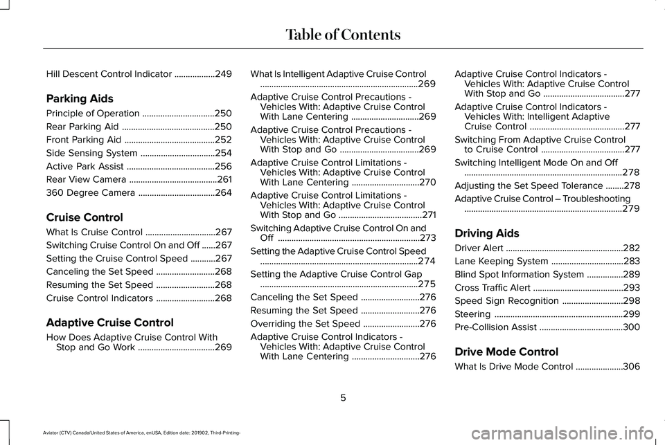 LINCOLN AVIATOR 2020 Owners Manual Hill Descent Control Indicator ..................249
Parking Aids
Principle of Operation ................................
250
Rear Parking Aid .........................................
250
Front Parki LINCOLN AVIATOR 2020 Owners Manual Hill Descent Control Indicator ..................249
Parking Aids
Principle of Operation ................................
250
Rear Parking Aid .........................................
250
Front Parki