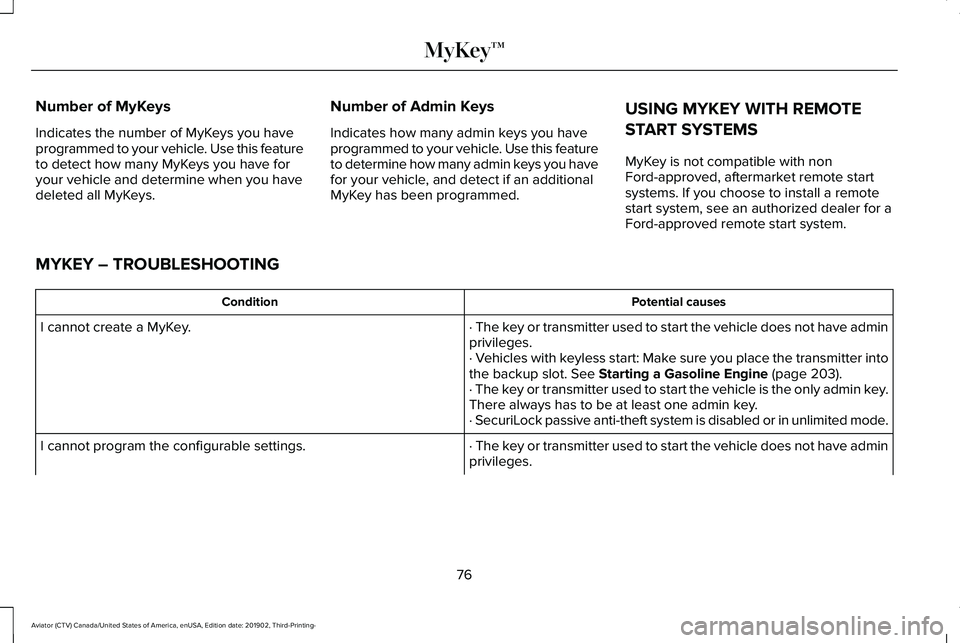 LINCOLN AVIATOR 2020 Manual PDF Number of MyKeys
Indicates the number of MyKeys you have
programmed to your vehicle. Use this feature
to detect how many MyKeys you have for
your vehicle and determine when you have
deleted all MyKeys