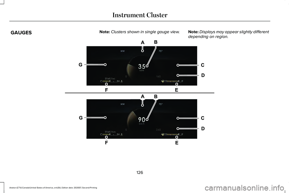 LINCOLN AVIATOR 2021  Owners Manual GAUGES
Note:
Clusters shown in single gauge view. Note:Displays may appear slightly different
depending on region. 126
Aviator (CTV) Canada/United States of America, enUSA, Edition date: 202007, Secon