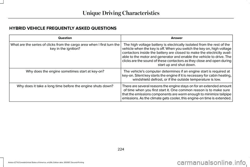 LINCOLN AVIATOR 2021 Owners Manual HYBRID VEHICLE FREQUENTLY ASKED QUESTIONS
Answer
Question
The high voltage battery is electrically isolated from the rest of the
vehicle when the key is off. When you switch the key on, high voltage
c LINCOLN AVIATOR 2021 Owners Manual HYBRID VEHICLE FREQUENTLY ASKED QUESTIONS
Answer
Question
The high voltage battery is electrically isolated from the rest of the
vehicle when the key is off. When you switch the key on, high voltage
c
