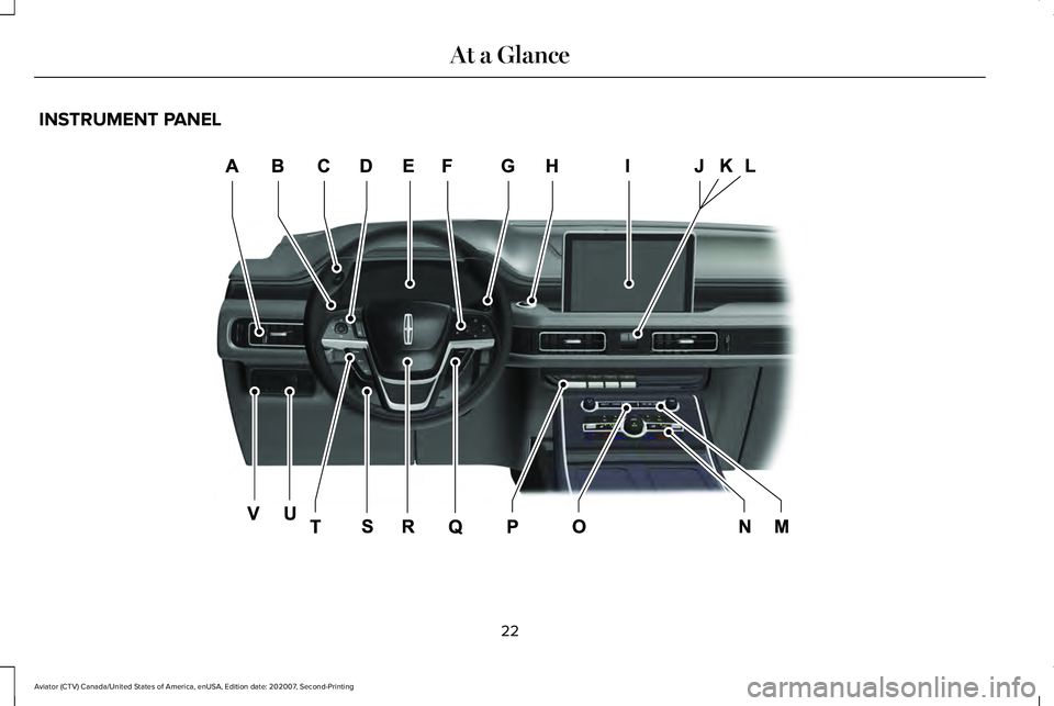 LINCOLN AVIATOR 2021 Owners Manual INSTRUMENT PANEL
22
Aviator (CTV) Canada/United States of America, enUSA, Edition date: 202007, Second-Printing At a GlanceE282064 LINCOLN AVIATOR 2021 Owners Manual INSTRUMENT PANEL
22
Aviator (CTV) Canada/United States of America, enUSA, Edition date: 202007, Second-Printing At a GlanceE282064