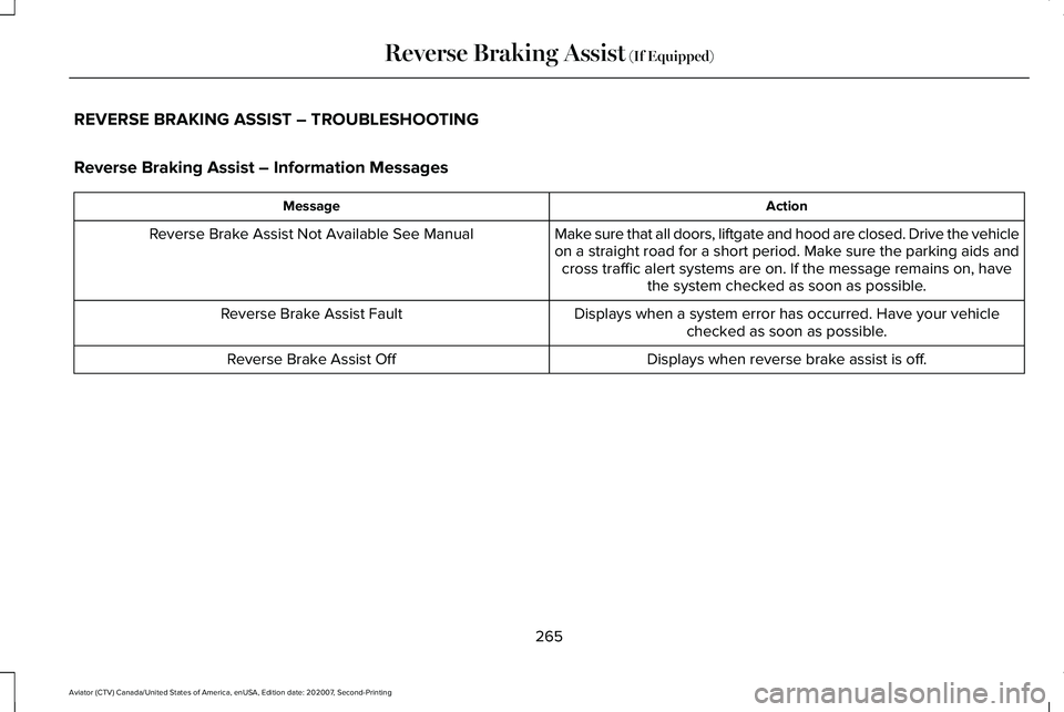 LINCOLN AVIATOR 2021  Owners Manual REVERSE BRAKING ASSIST – TROUBLESHOOTING
Reverse Braking Assist – Information Messages
Action
Message
Make sure that all doors, liftgate and hood are closed. Drive the vehicle
on a straight road f