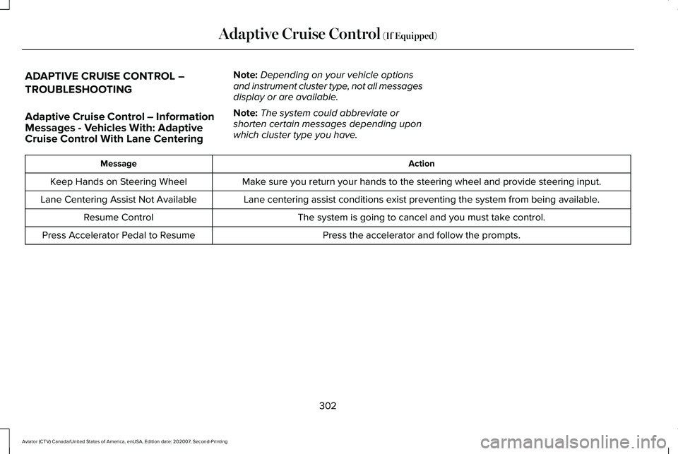 LINCOLN AVIATOR 2021  Owners Manual ADAPTIVE CRUISE CONTROL –
TROUBLESHOOTING
Adaptive Cruise Control – Information
Messages - Vehicles With: Adaptive
Cruise Control With Lane Centering
Note:
Depending on your vehicle options
and in