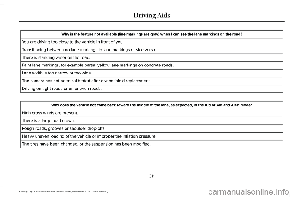LINCOLN AVIATOR 2021  Owners Manual Why is the feature not available (line markings are gray) when I can s\
ee the lane markings on the road?
You are driving too close to the vehicle in front of you.
Transitioning between no lane markin