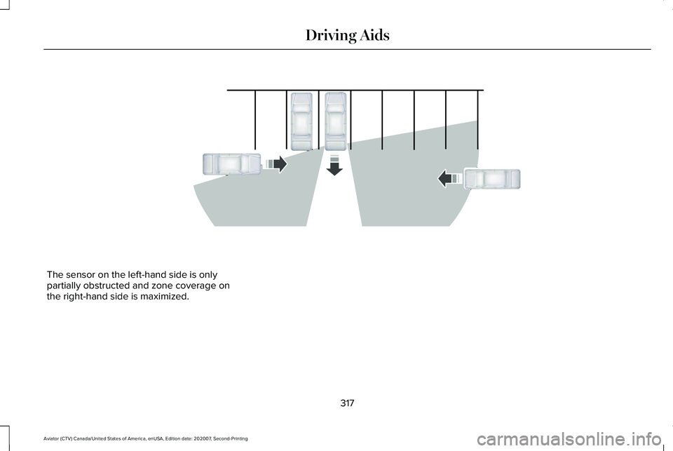 LINCOLN AVIATOR 2021 Workshop Manual The sensor on the left-hand side is only
partially obstructed and zone coverage on
the right-hand side is maximized.
317
Aviator (CTV) Canada/United States of America, enUSA, Edition date: 202007, Sec