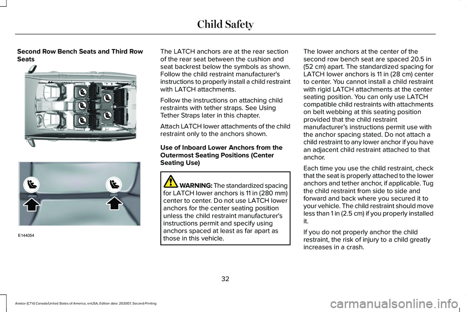 LINCOLN AVIATOR 2021 Owners Guide Second Row Bench Seats and Third Row
Seats The LATCH anchors are at the rear section
of the rear seat between the cushion and
seat backrest below the symbols as shown.
Follow the child restraint manuf LINCOLN AVIATOR 2021 Owners Guide Second Row Bench Seats and Third Row
Seats The LATCH anchors are at the rear section
of the rear seat between the cushion and
seat backrest below the symbols as shown.
Follow the child restraint manuf